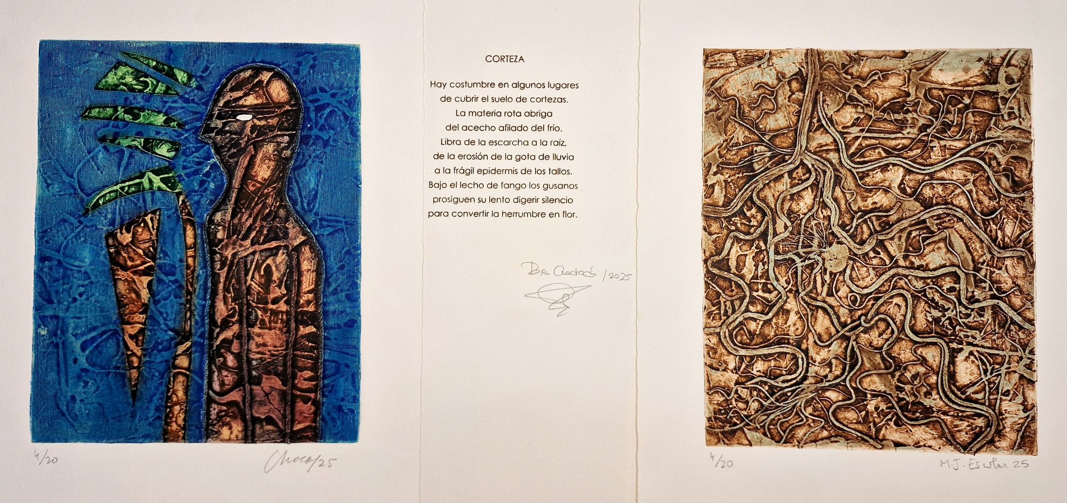 Corteza: colagrafías de Eduardo Roca Choco y María José Escolar con el poema de Rosa Cuadrado